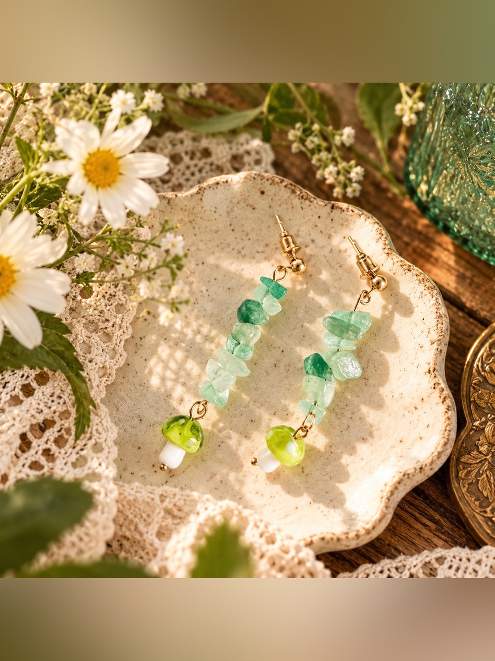 2/$30🌵 Green Mushroom Earring Stacked Stone Dangle Hippie Boho 70’s Retro NEW
